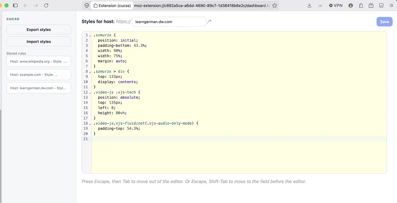 Showing the cucss dashboard. A sidebar with export/import functions and listing saved styles and a code editor
